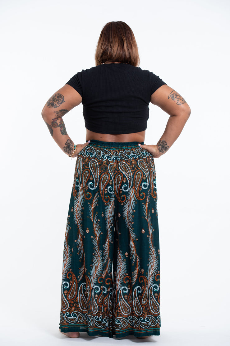 Plus Size Paisley Feathers Palazzo Style Harem Pants in Green