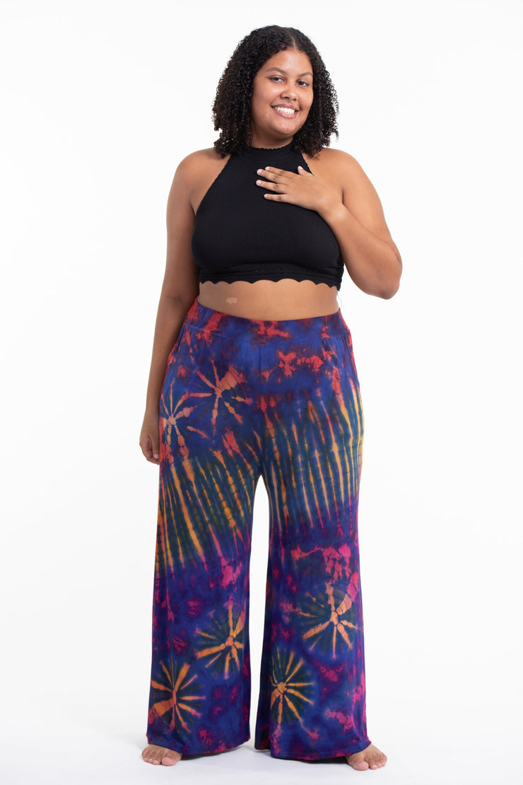 Plus Size Tie Dye Wide Leg Palazzo Harem Pants Cotton in Blue