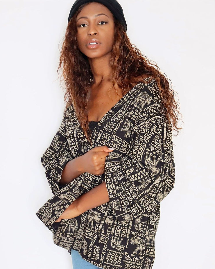 Elephant Print Cotton Kimono Cardigan in Black